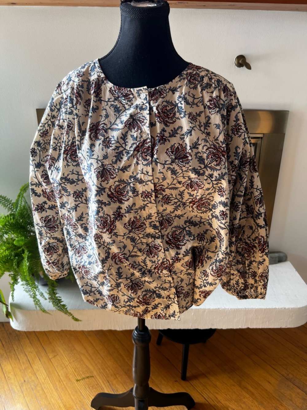 Soaked in Luxury Floral Button-Front Blouse in Cream, Blue & Burgundy
